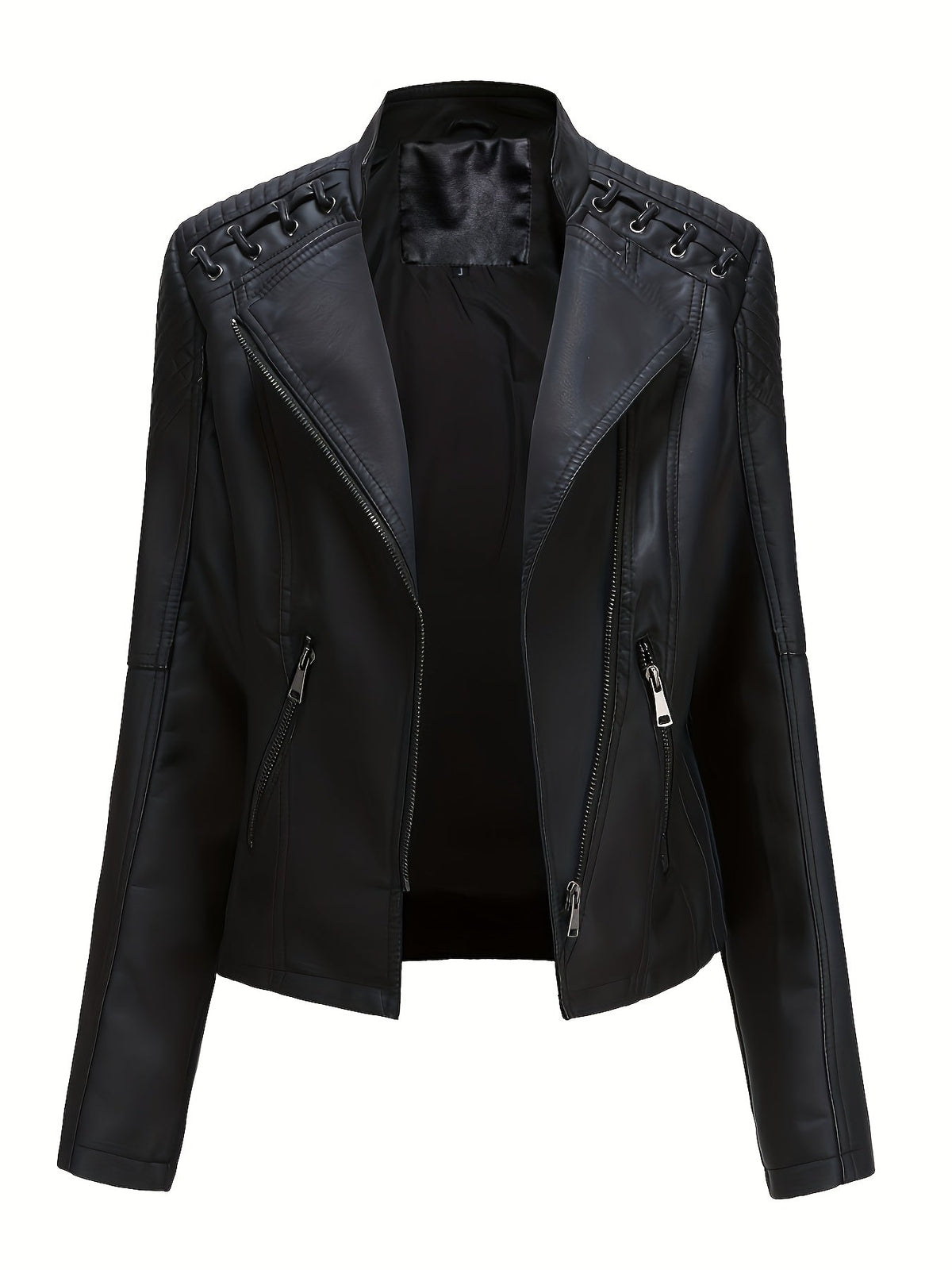 Chaqueta biker de mujer, cazadora corta efecto piel con cremallera asimétrica, solapas y cordones con ojales en los homb