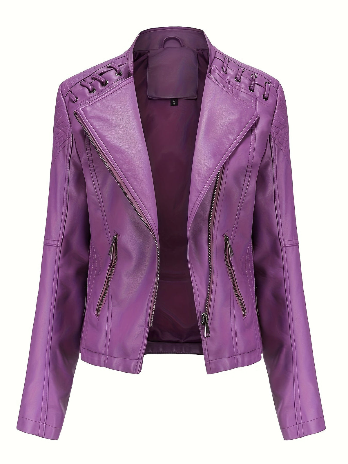 Chaqueta biker de mujer, cazadora corta efecto piel con cremallera asimétrica, solapas y cordones con ojales en los homb