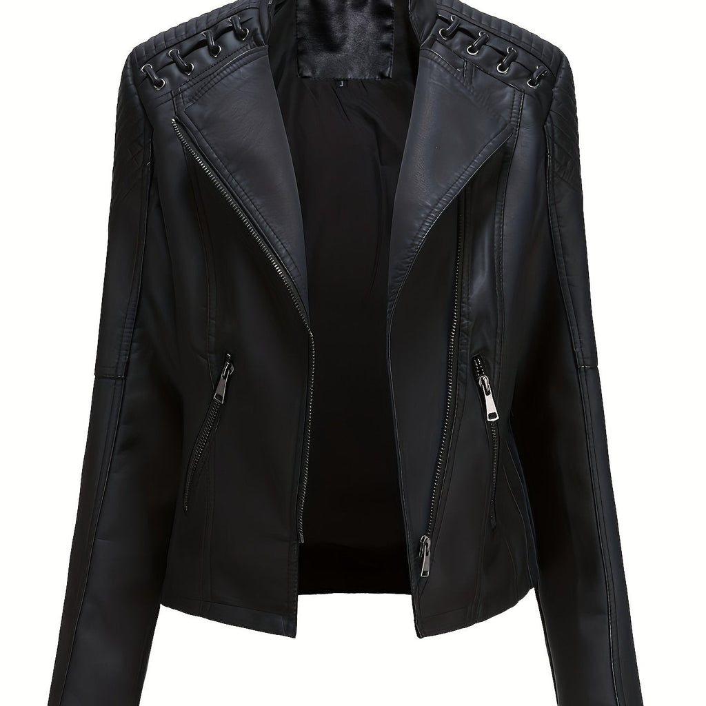 Chaqueta biker de mujer, cazadora corta efecto piel con cremallera asimétrica, solapas y cordones con ojales en los homb