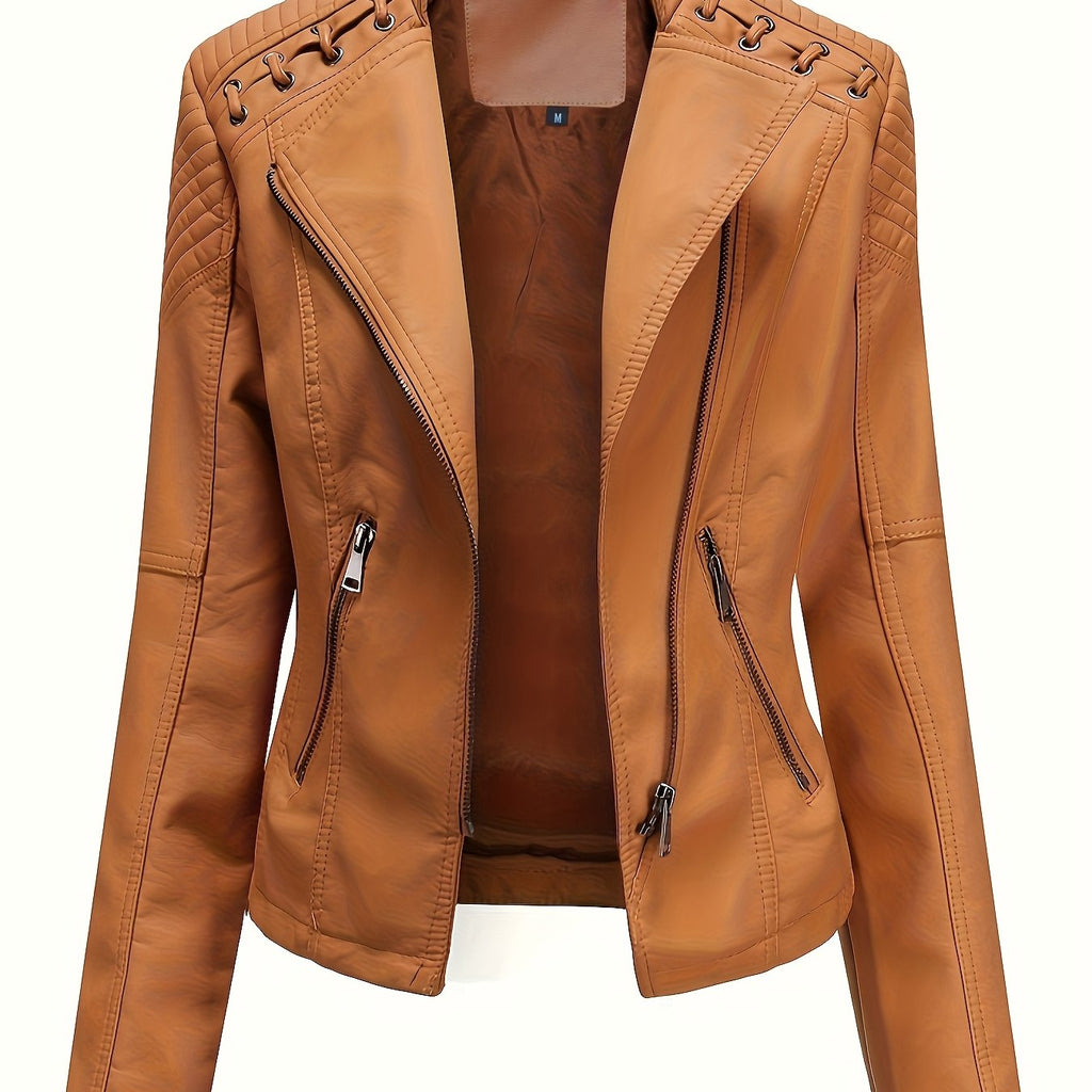 Chaqueta biker de mujer, cazadora corta efecto piel con cremallera asimétrica, solapas y cordones con ojales en los homb
