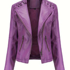 Chaqueta biker de mujer, cazadora corta efecto piel con cremallera asimétrica, solapas y cordones con ojales en los homb