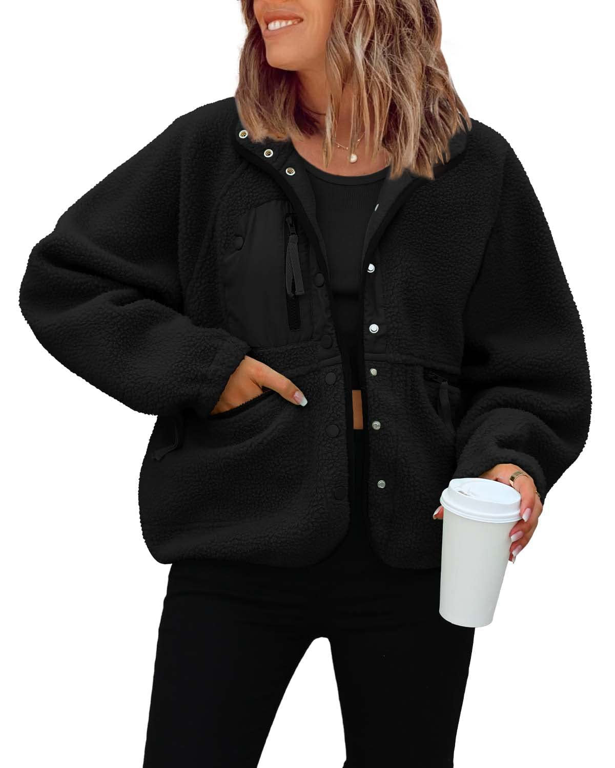 Chaqueta de forro polar para mujer con bolsillos prácticos
