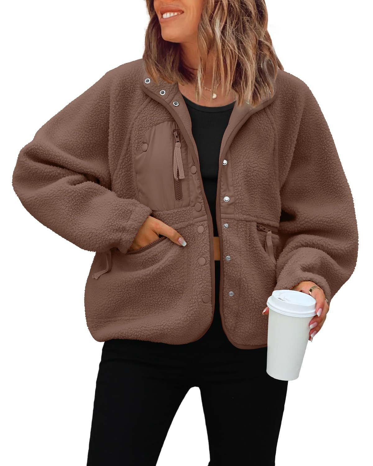 Chaqueta de forro polar para mujer con bolsillos prácticos
