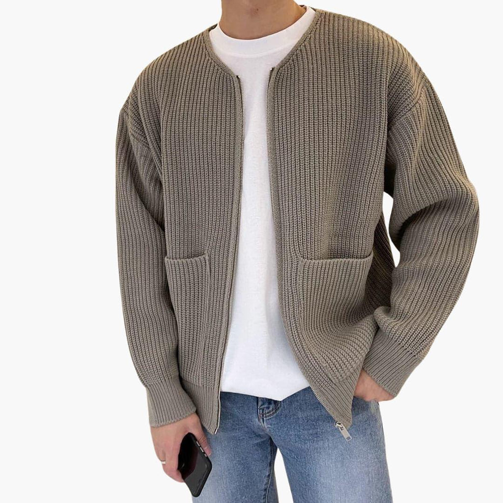 Chaqueta de punto con cremallera para hombre, cuello redondo sin solapa y dos bolsillos de parche, 5 colores, tallas XS 