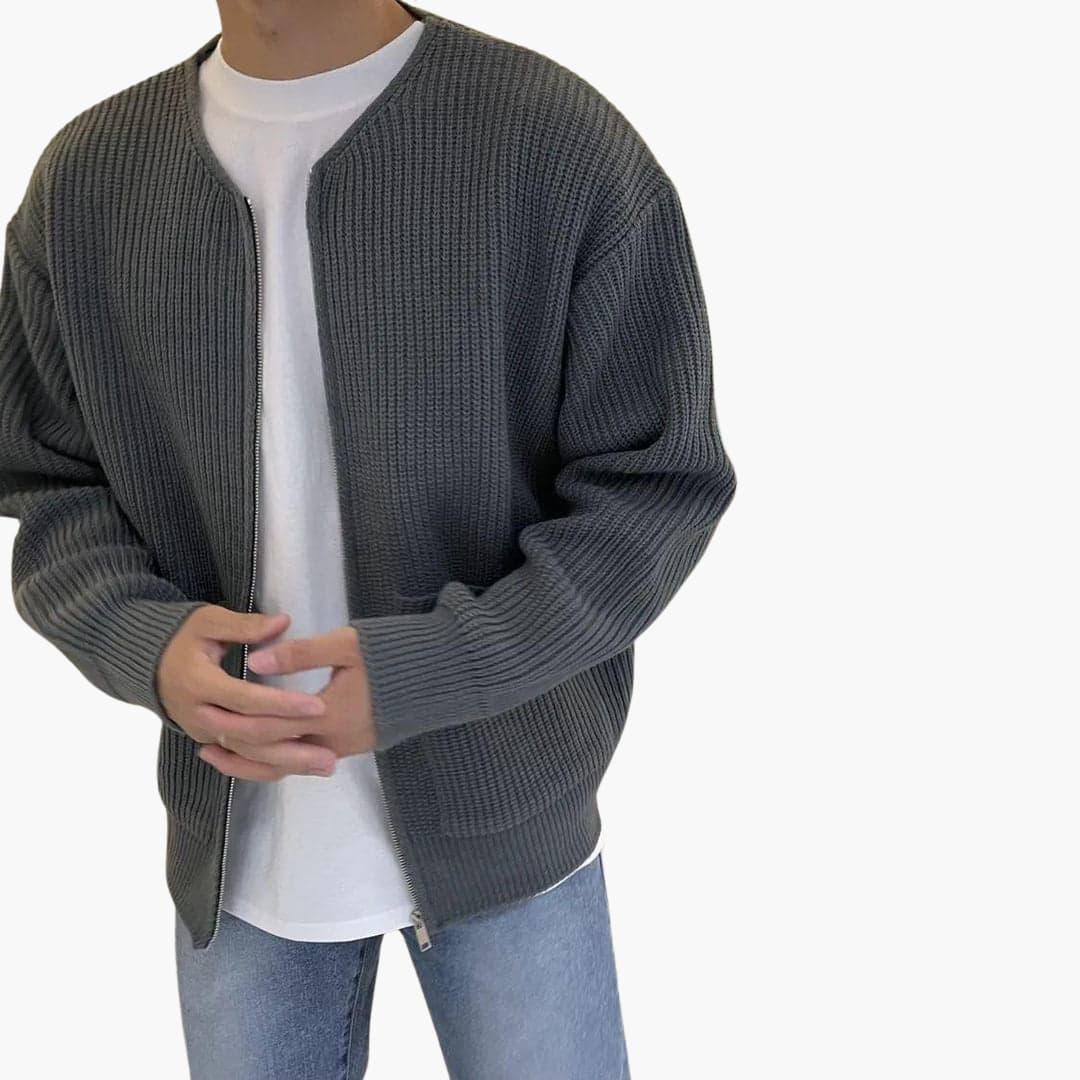 Chaqueta de punto con cremallera para hombre, cuello redondo sin solapa y dos bolsillos de parche, 5 colores, tallas XS 