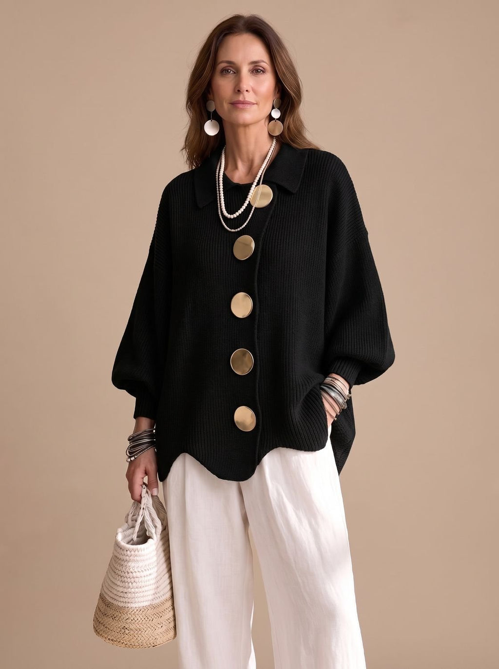 Chaqueta de punto oversize con cuello y botones dorados para mujer