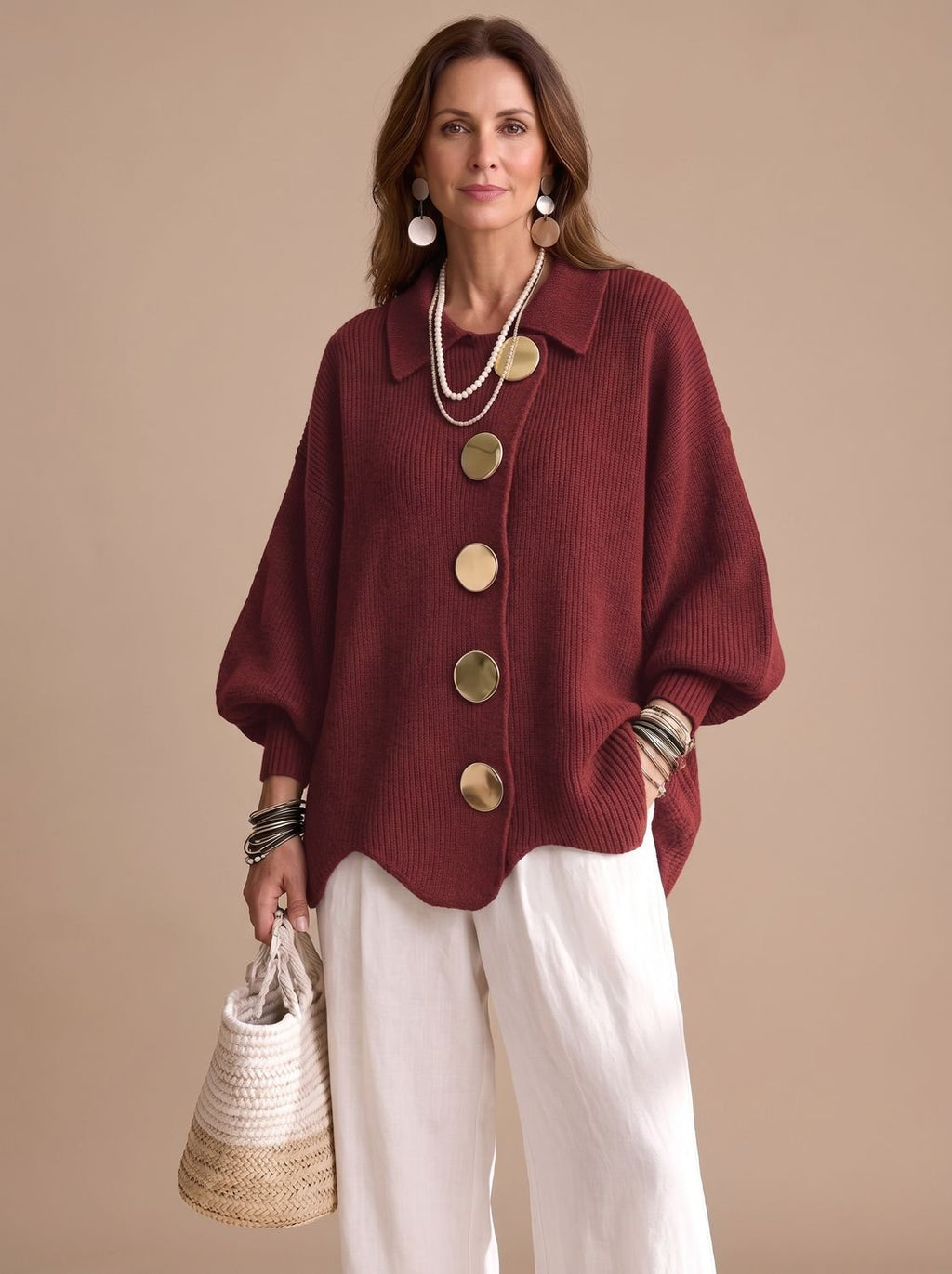 Chaqueta de punto oversize con cuello y botones dorados para mujer