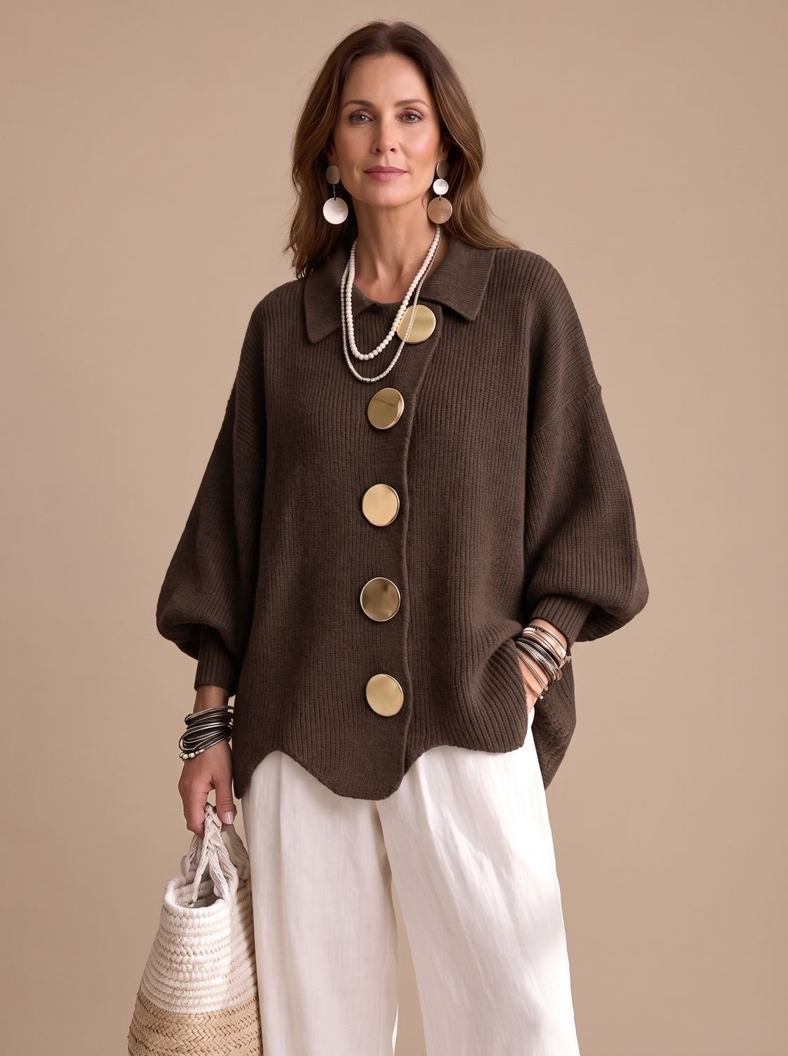 Chaqueta de punto oversize con cuello y botones dorados para mujer
