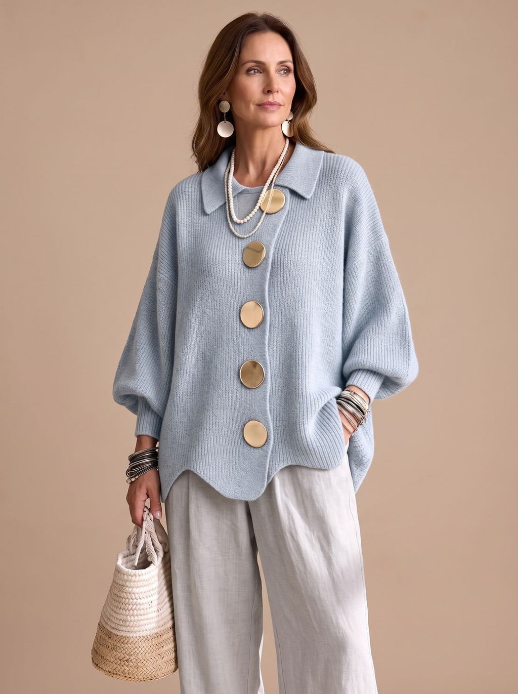 Chaqueta de punto oversize con cuello y botones dorados para mujer
