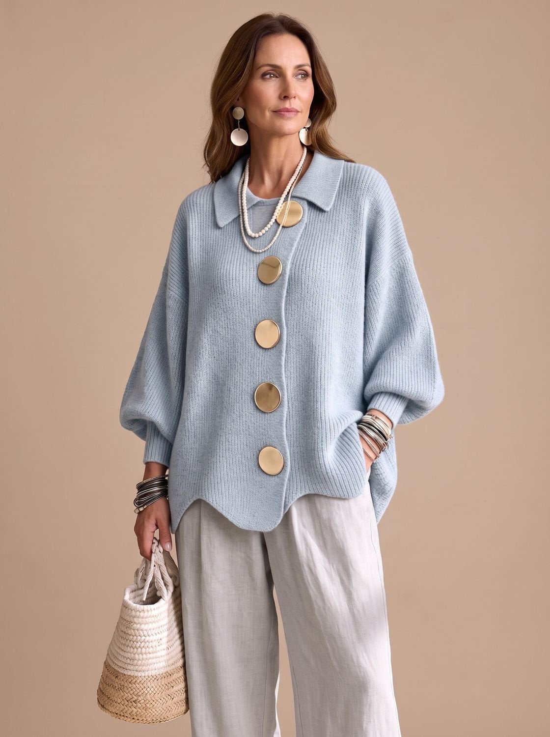 Chaqueta de punto oversize con cuello y botones dorados para mujer
