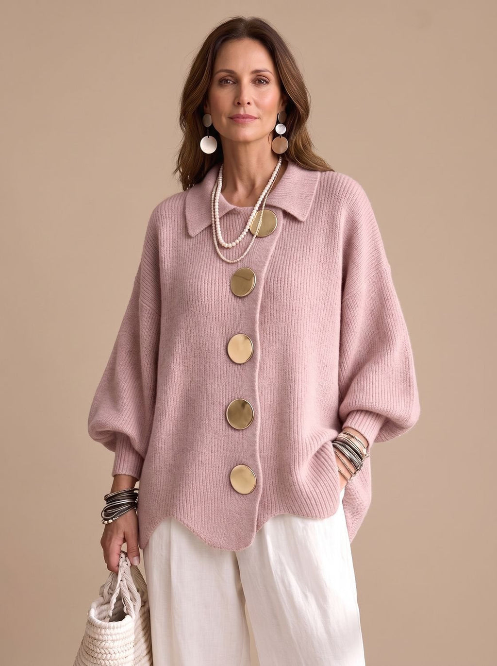 Chaqueta de punto oversize con cuello y botones dorados para mujer