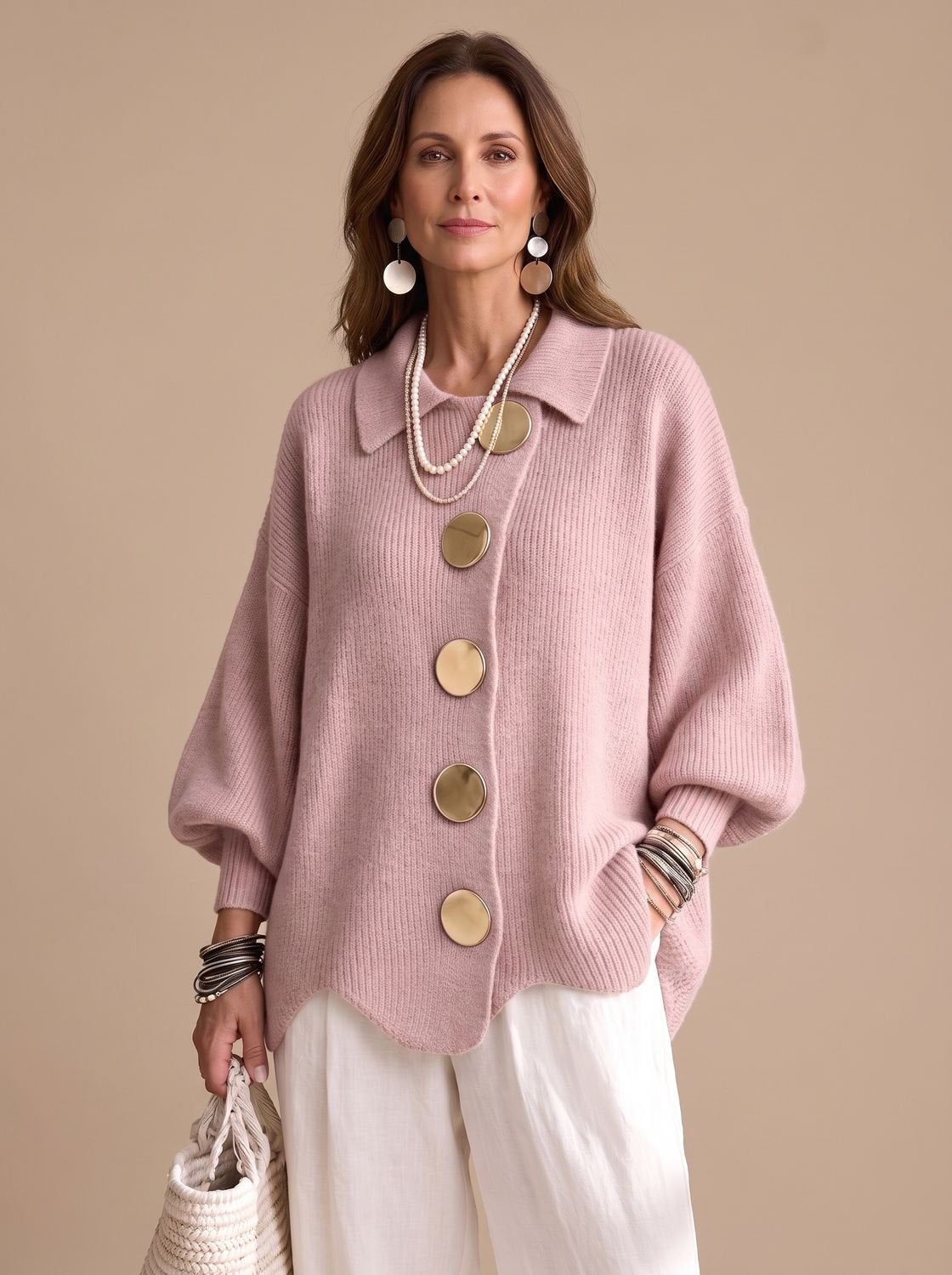 Chaqueta de punto oversize con cuello y botones dorados para mujer