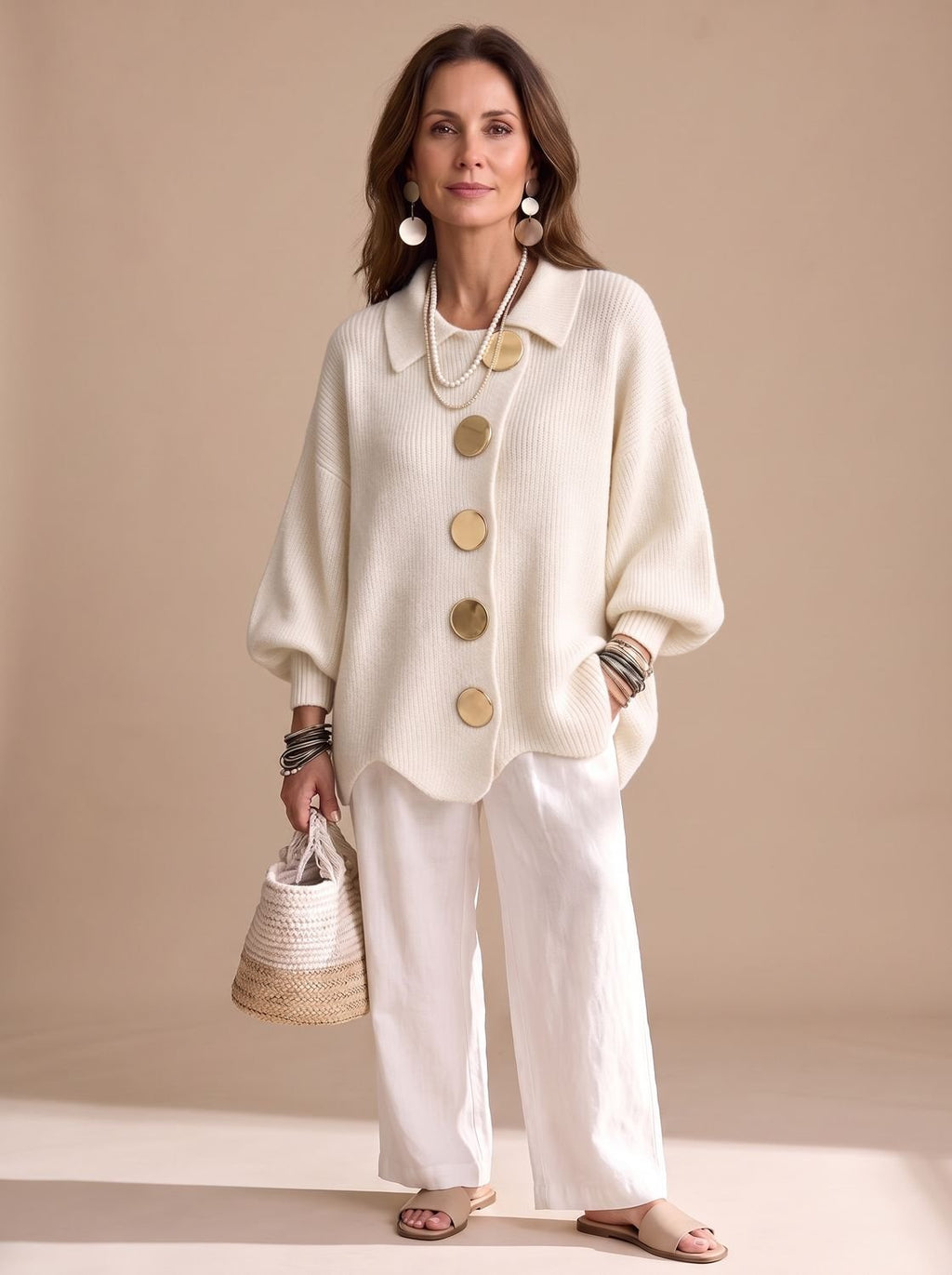 Chaqueta de punto oversize con cuello y botones dorados para mujer