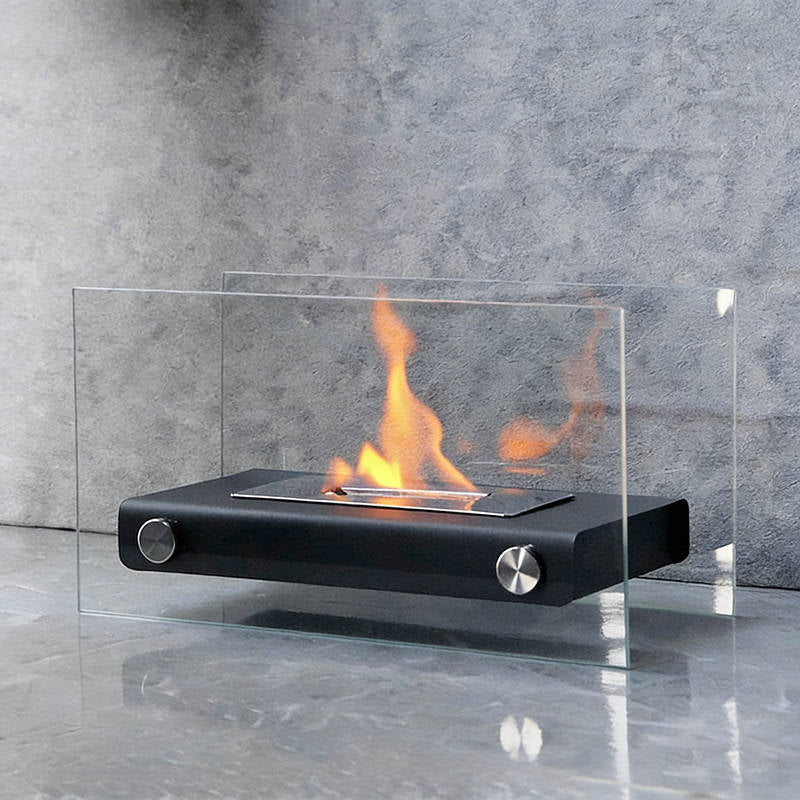 Chimenea de bioetanol de sobremesa, brasero rectangular portátil con doble protección de cristal para interior, patio y 