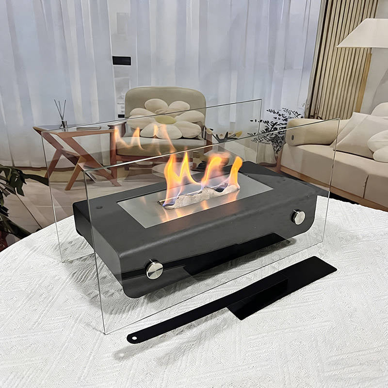 Chimenea de bioetanol de sobremesa, brasero rectangular portátil con doble protección de cristal para interior, patio y 