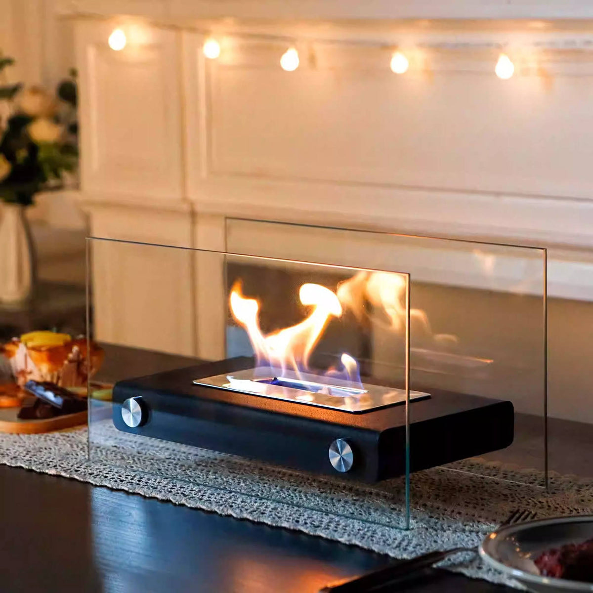 Chimenea de bioetanol de sobremesa, brasero rectangular portátil con doble protección de cristal para interior, patio y 