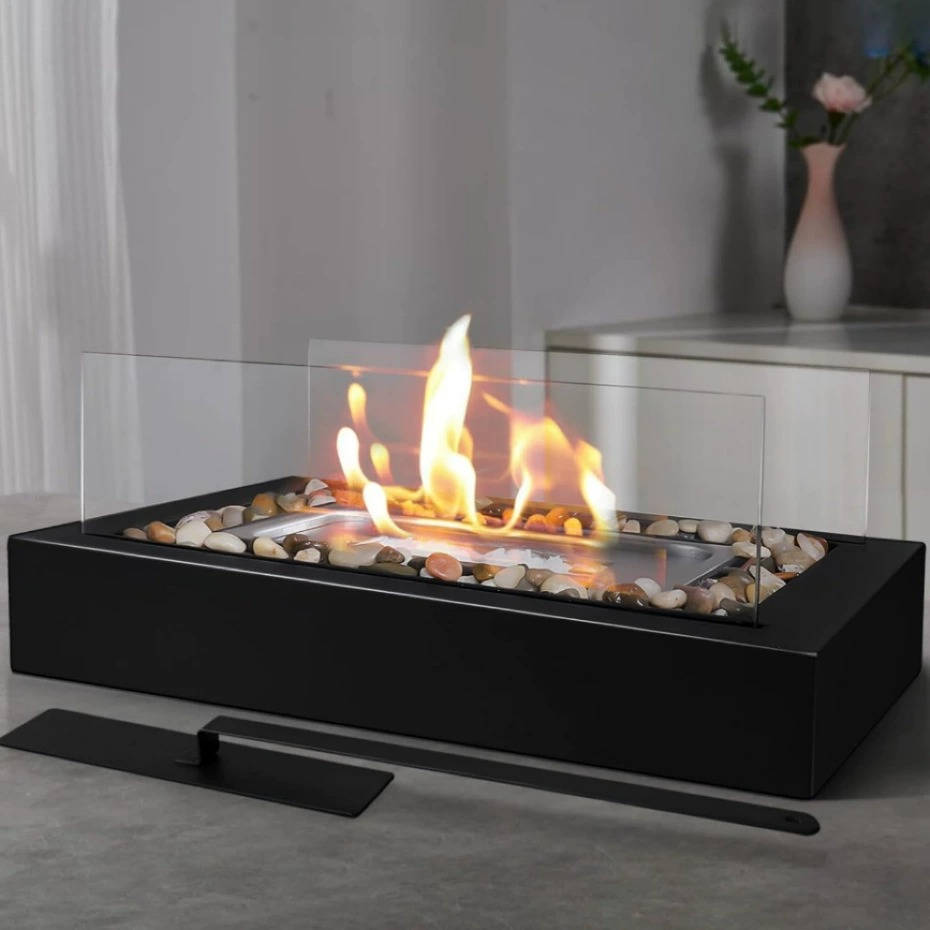 Chimenea de bioetanol de sobremesa, brasero rectangular portátil con doble protección de cristal para interior, patio y 