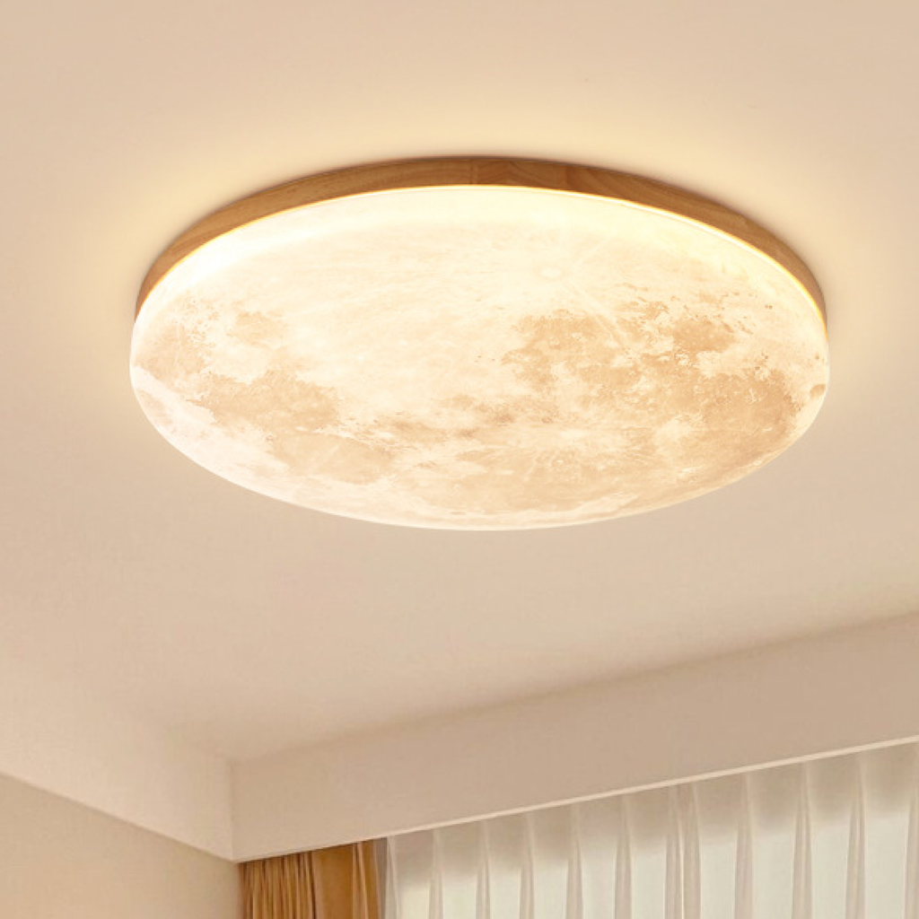 Cliveden | Plafón LED con forma de luna y marco de madera para dormitorio y salón