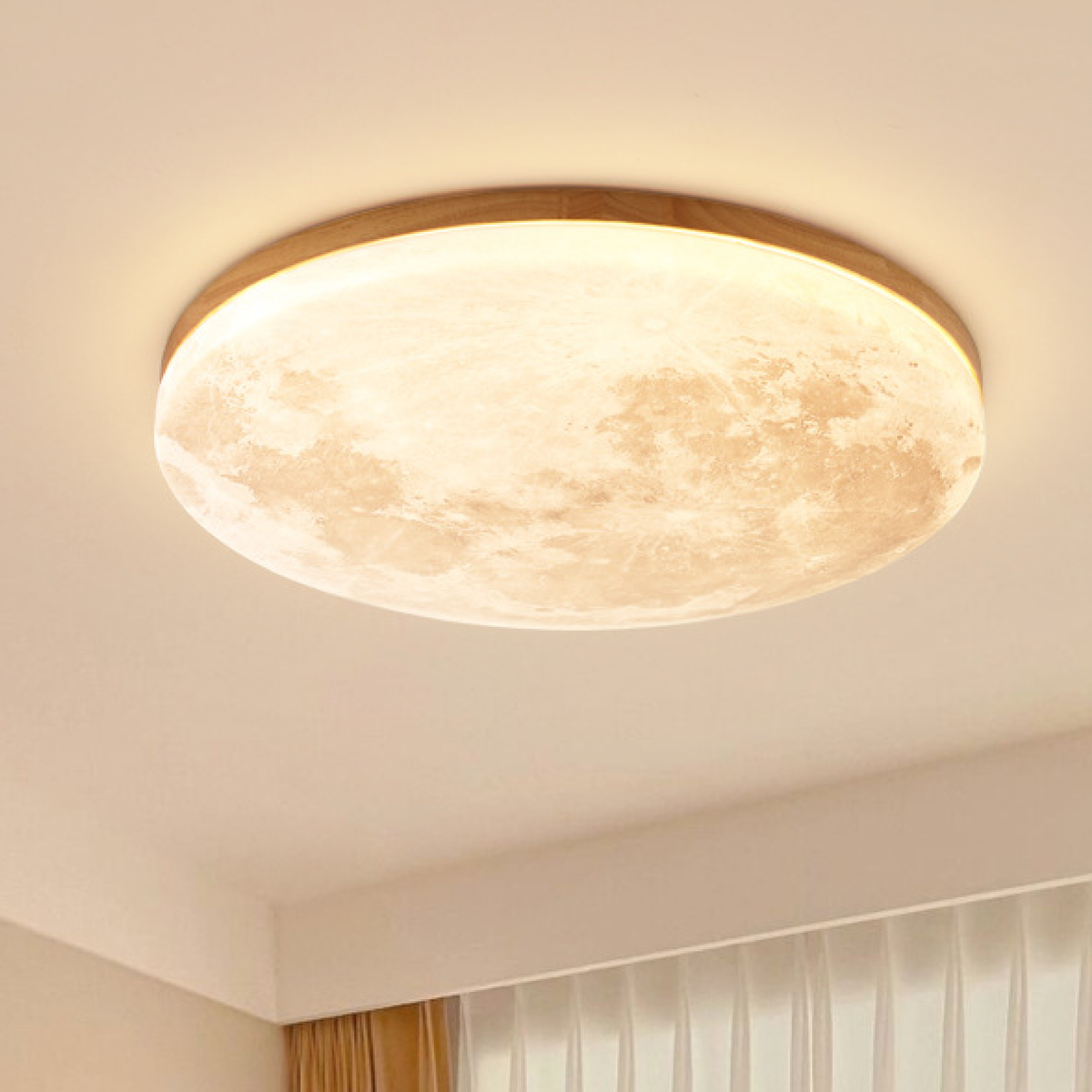 Cliveden | Plafón LED con forma de luna y marco de madera para dormitorio y salón