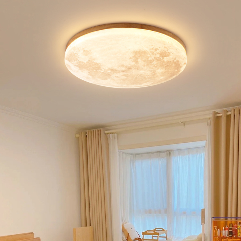 Cliveden | Plafón LED con forma de luna y marco de madera para dormitorio y salón