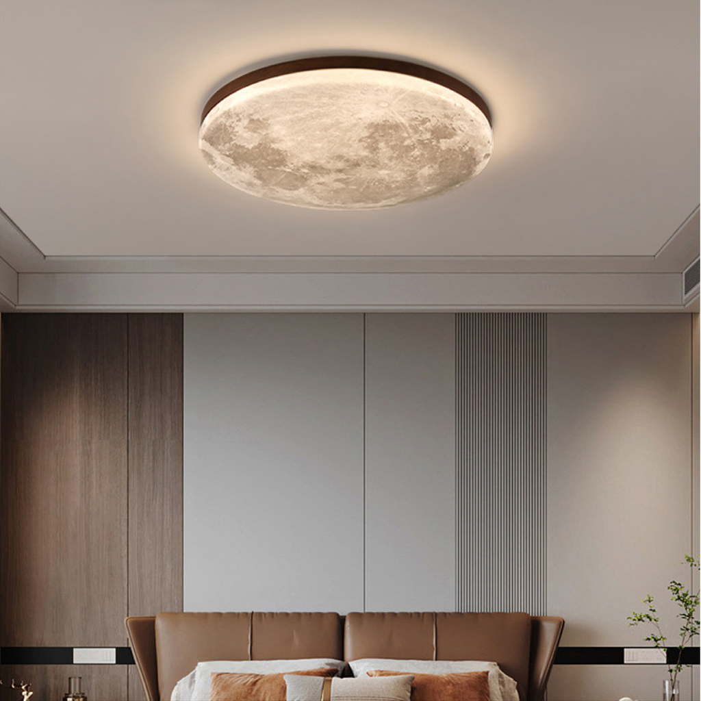 Cliveden | Plafón LED con forma de luna y marco de madera para dormitorio y salón