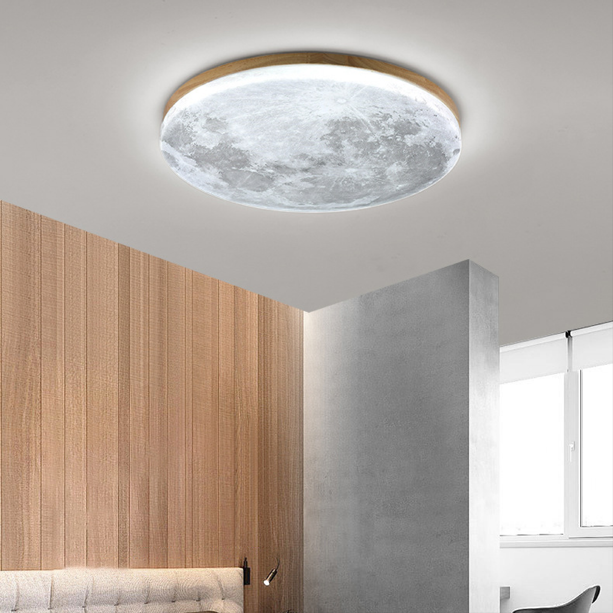 Cliveden | Plafón LED con forma de luna y marco de madera para dormitorio y salón