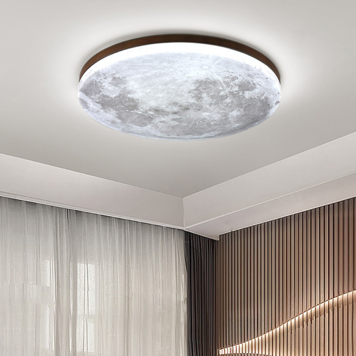 Cliveden | Plafón LED con forma de luna y marco de madera para dormitorio y salón