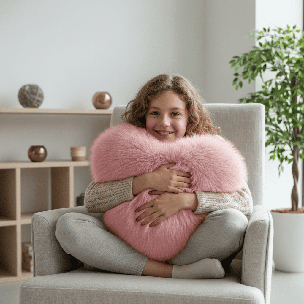 Cojín decorativo suave con forma de corazón y textura de peluche