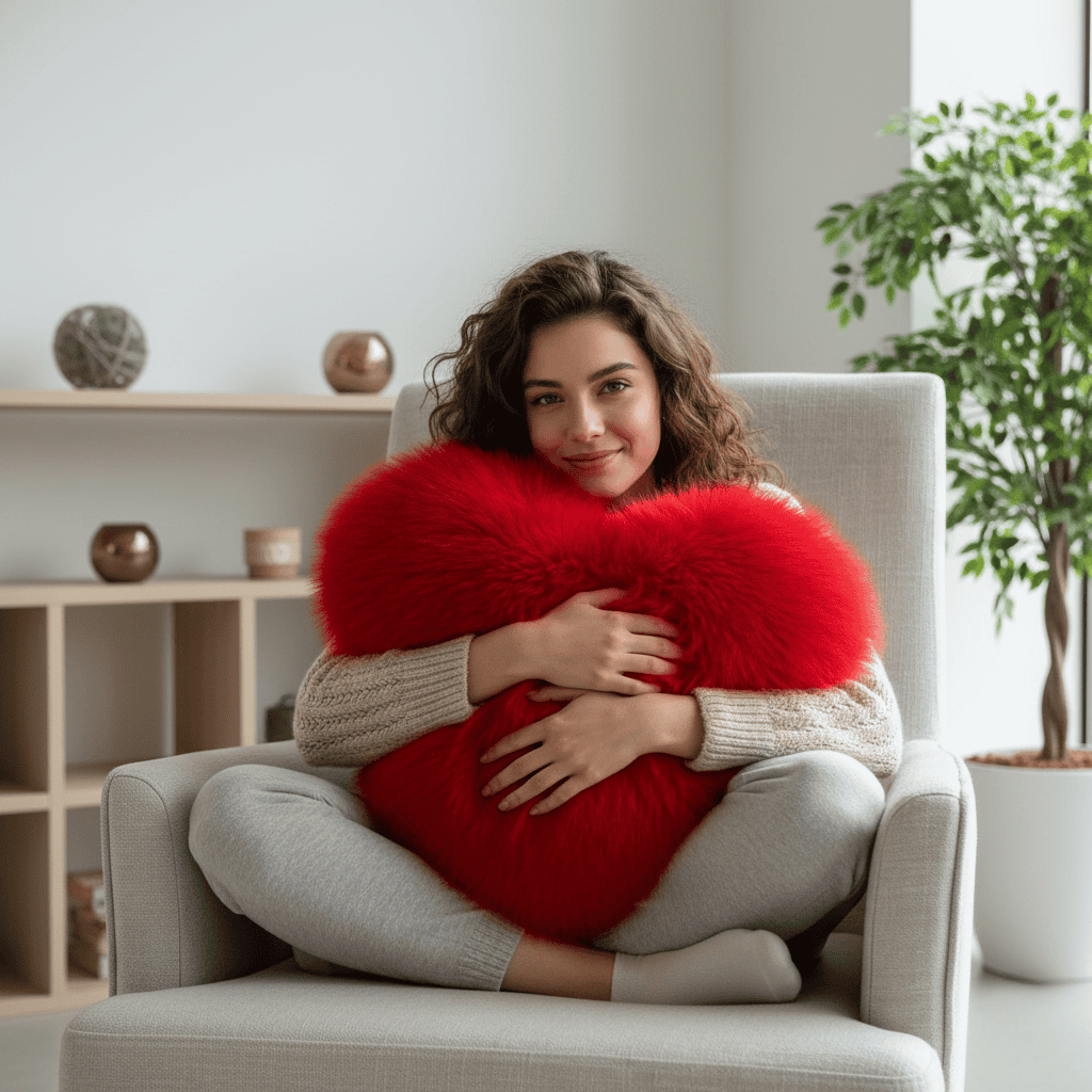 Cojín decorativo suave con forma de corazón y textura de peluche