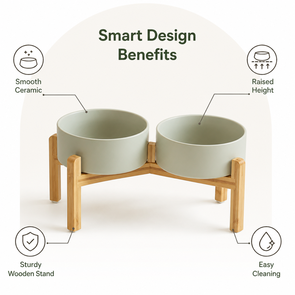 Comedero doble de cerámica con soporte elevado de madera para perros