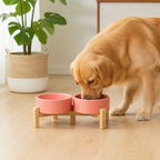 Comedero doble de cerámica con soporte elevado de madera para perros