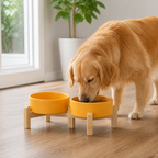 Comedero doble de cerámica con soporte elevado de madera para perros
