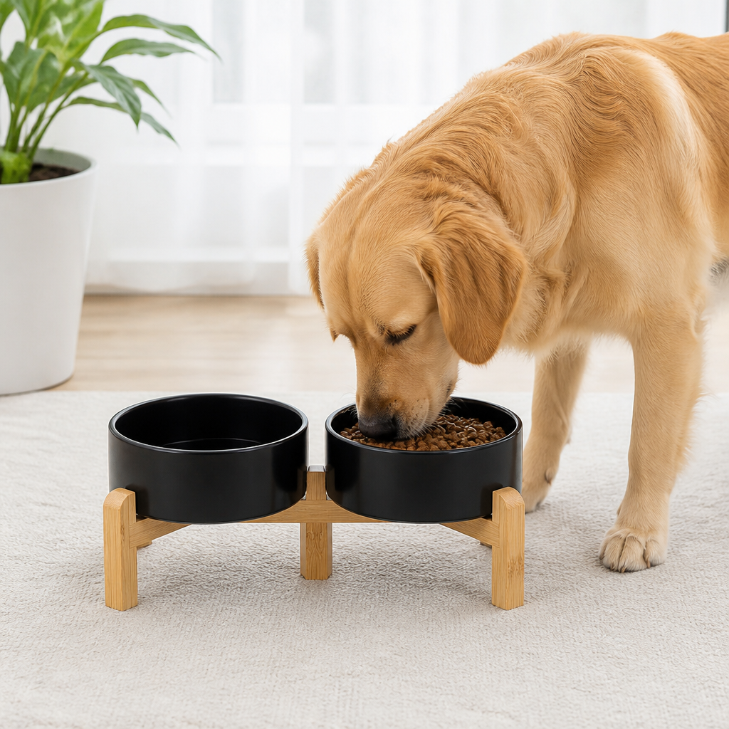 Comedero doble de cerámica con soporte elevado de madera para perros