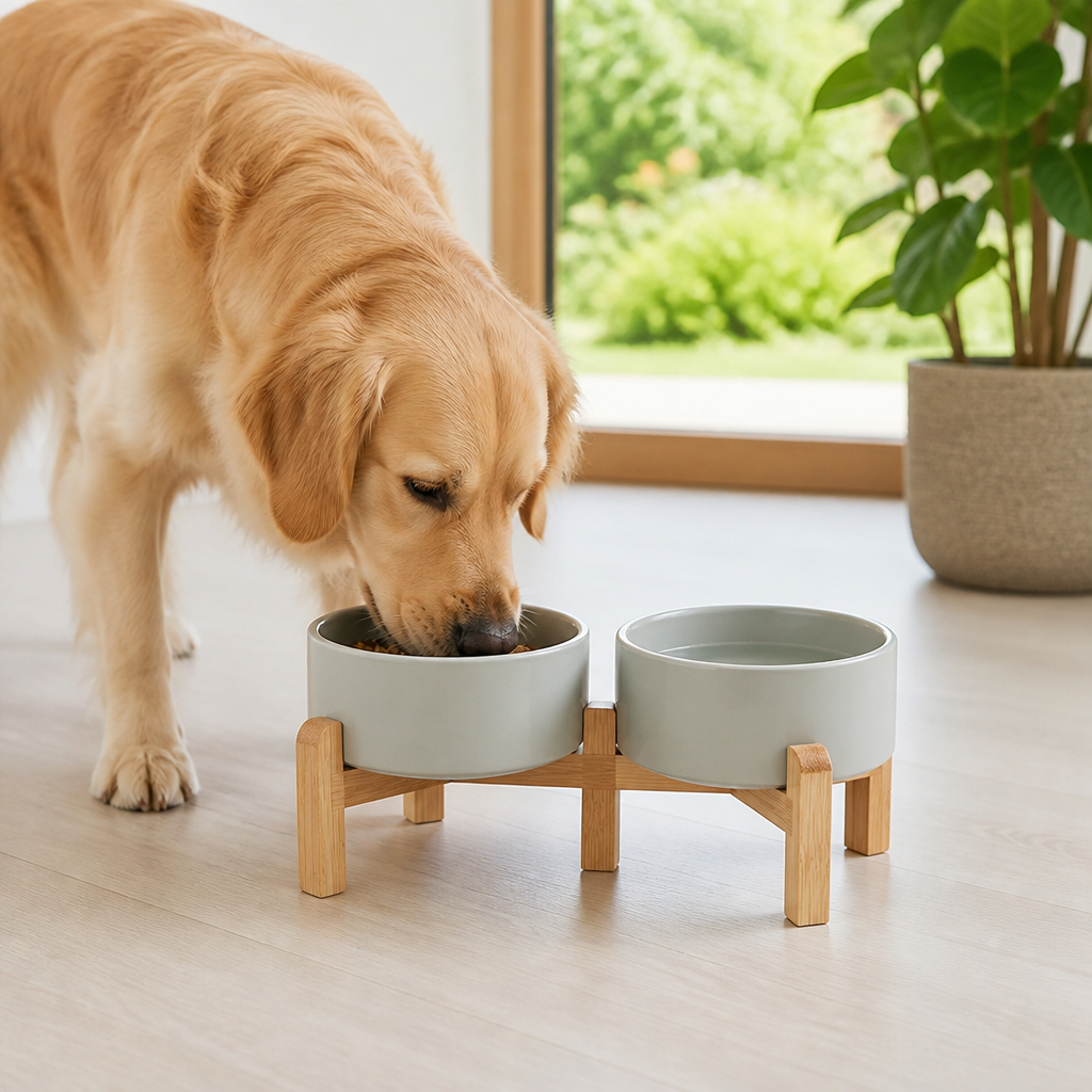Comedero doble de cerámica con soporte elevado de madera para perros