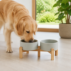 Comedero doble de cerámica con soporte elevado de madera para perros