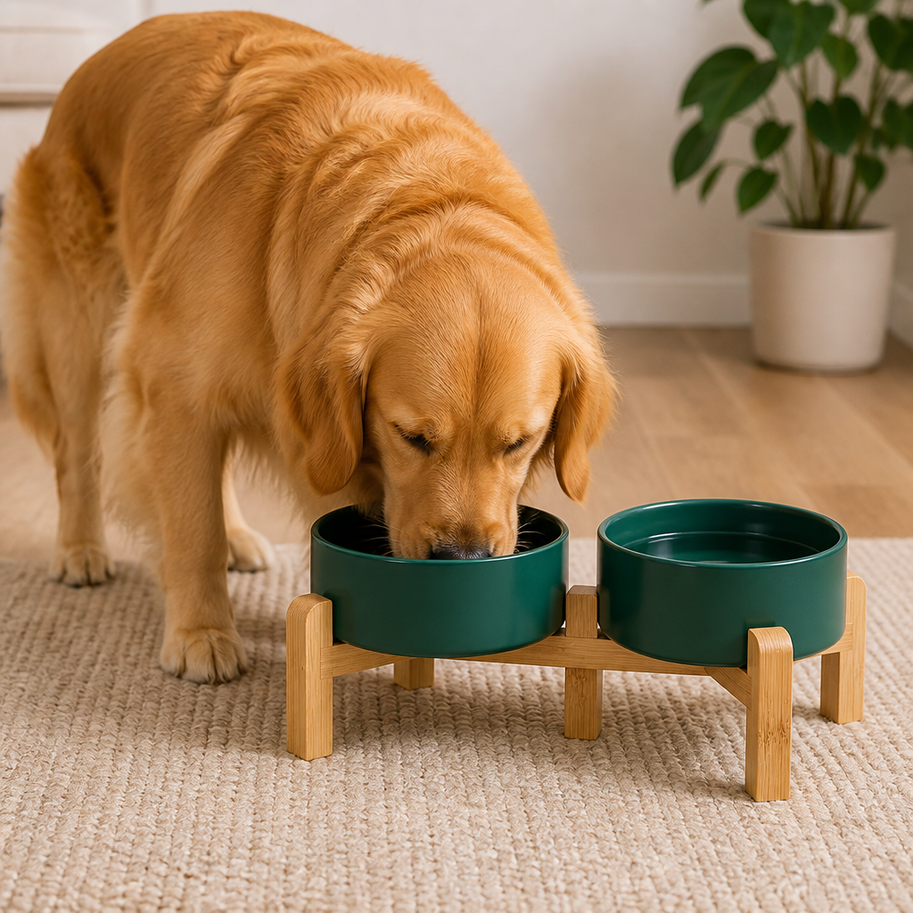 Comedero doble de cerámica con soporte elevado de madera para perros
