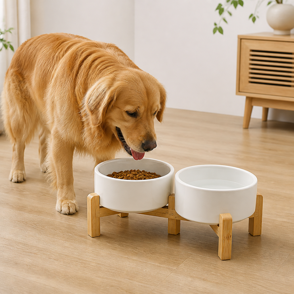 Comedero doble de cerámica con soporte elevado de madera para perros