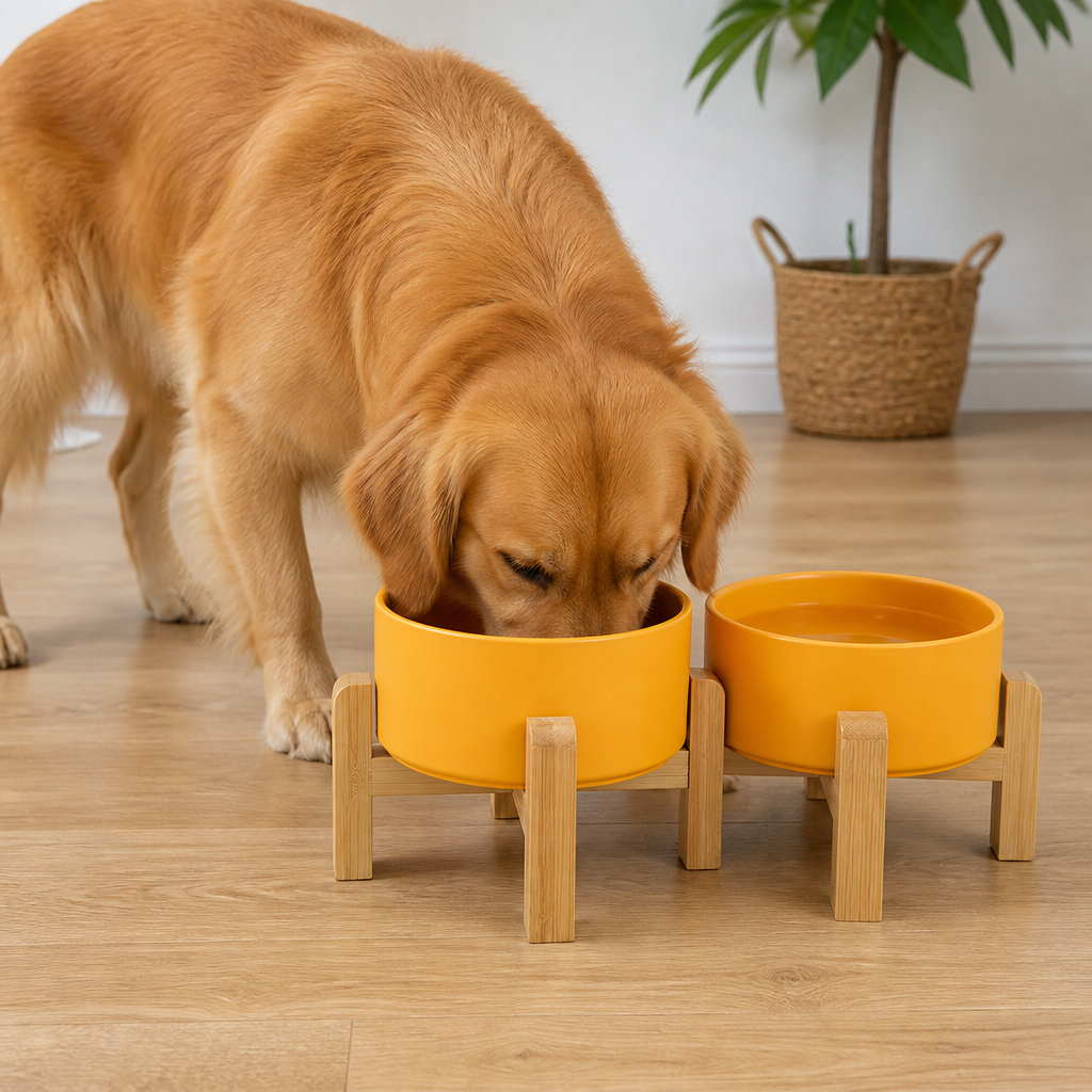 Comedero doble de cerámica con soporte elevado de madera para perros