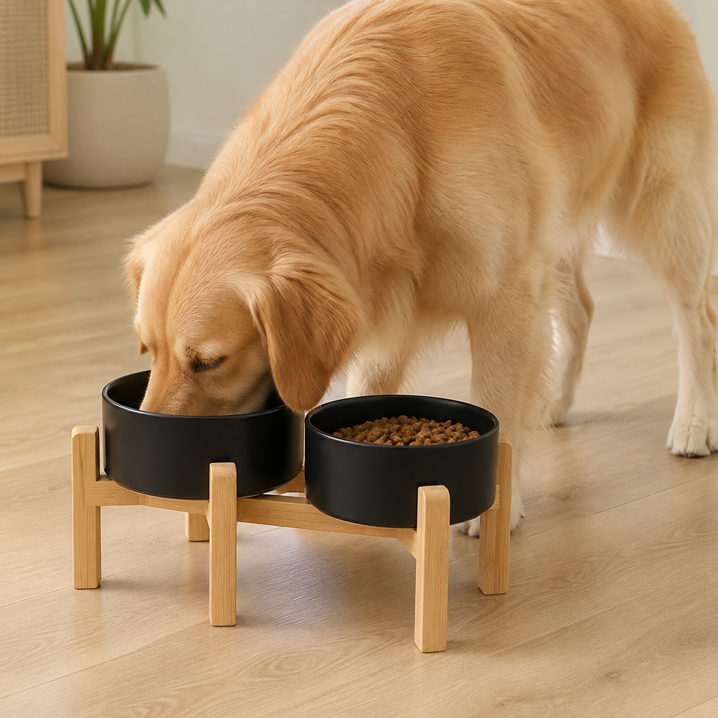 Comedero doble de cerámica con soporte elevado de madera para perros