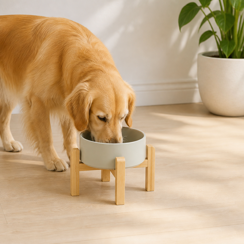 Comedero doble de cerámica con soporte elevado de madera para perros