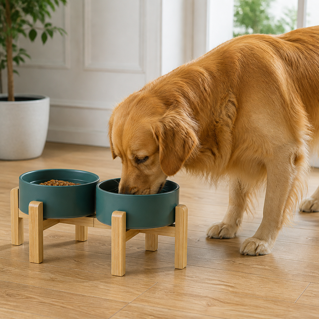 Comedero doble de cerámica con soporte elevado de madera para perros