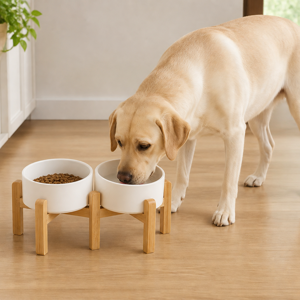 Comedero doble de cerámica con soporte elevado de madera para perros