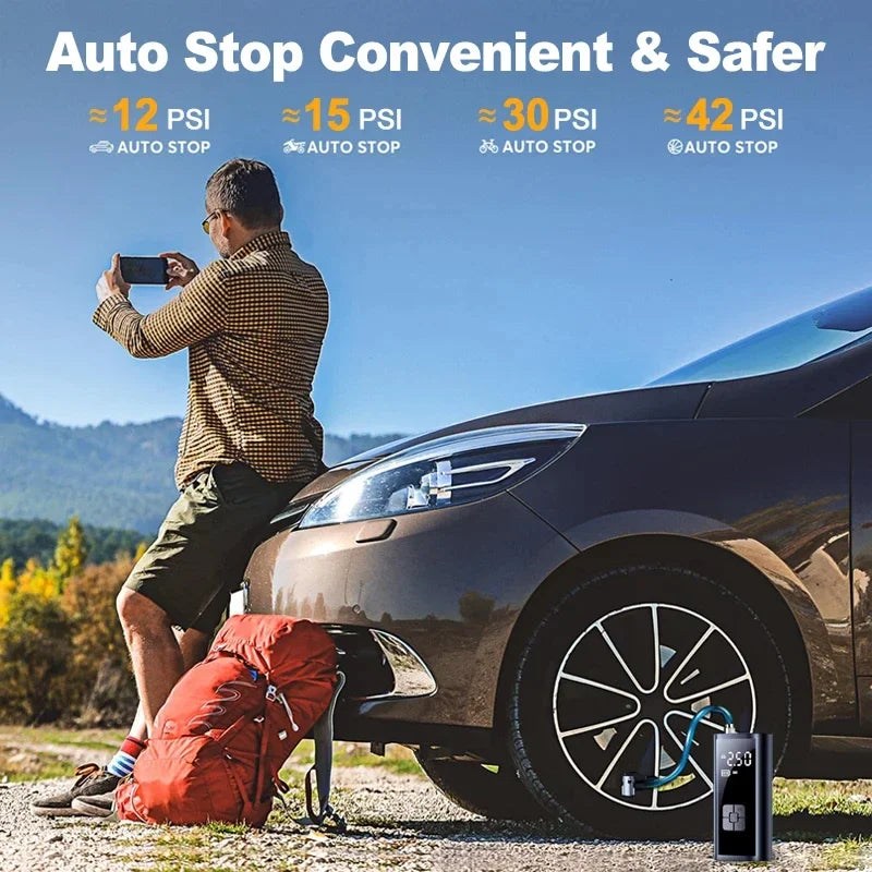 Compresor de aire portátil PumpoMax — 120 PSI, inalámbrico y compacto con batería de 2000 mAh