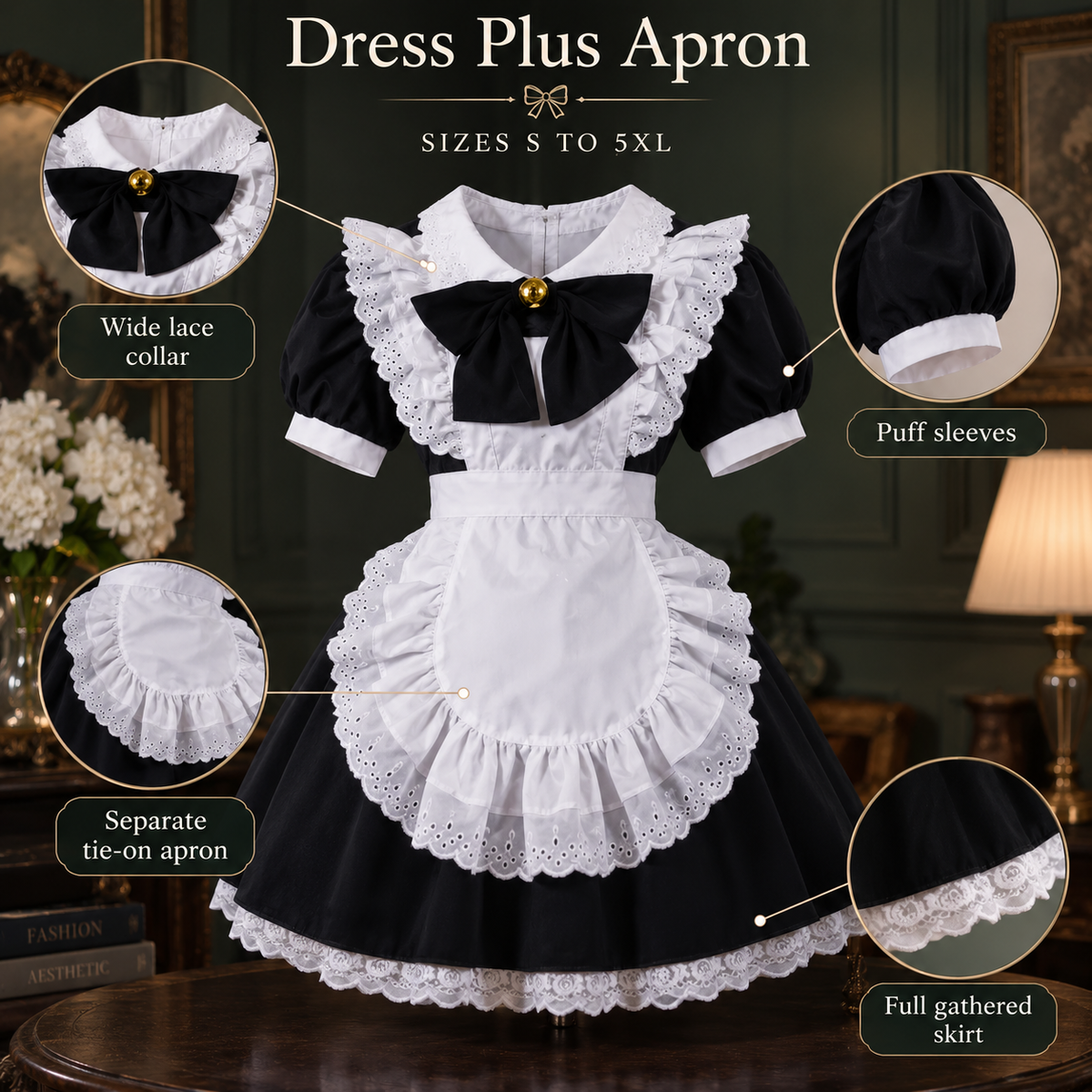 Conjunto de disfraz de vestido de sirvienta con volantes