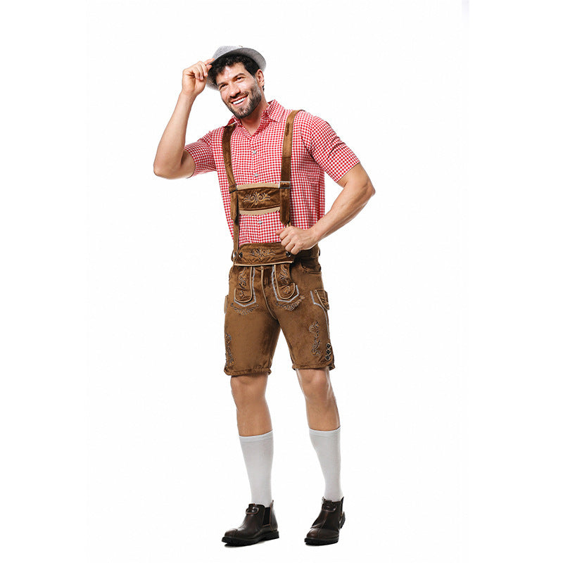Conjunto de traje bávaro para hombre – conjunto tradicional con pantalón de aspecto de cuero, camisa de cuadros y sombre