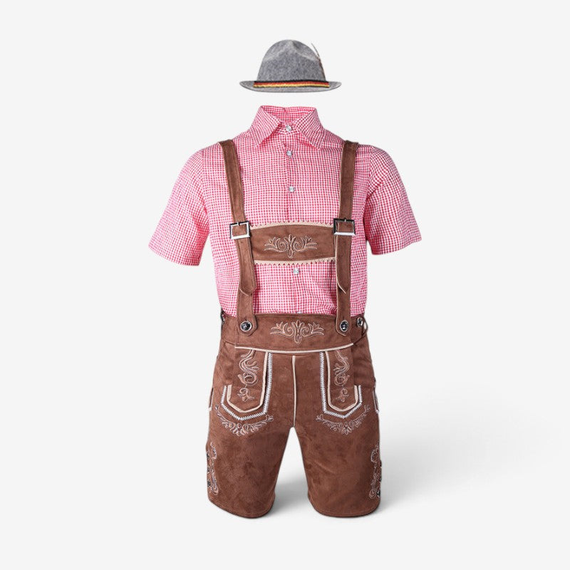 Conjunto de traje bávaro para hombre – conjunto tradicional con pantalón de aspecto de cuero, camisa de cuadros y sombre