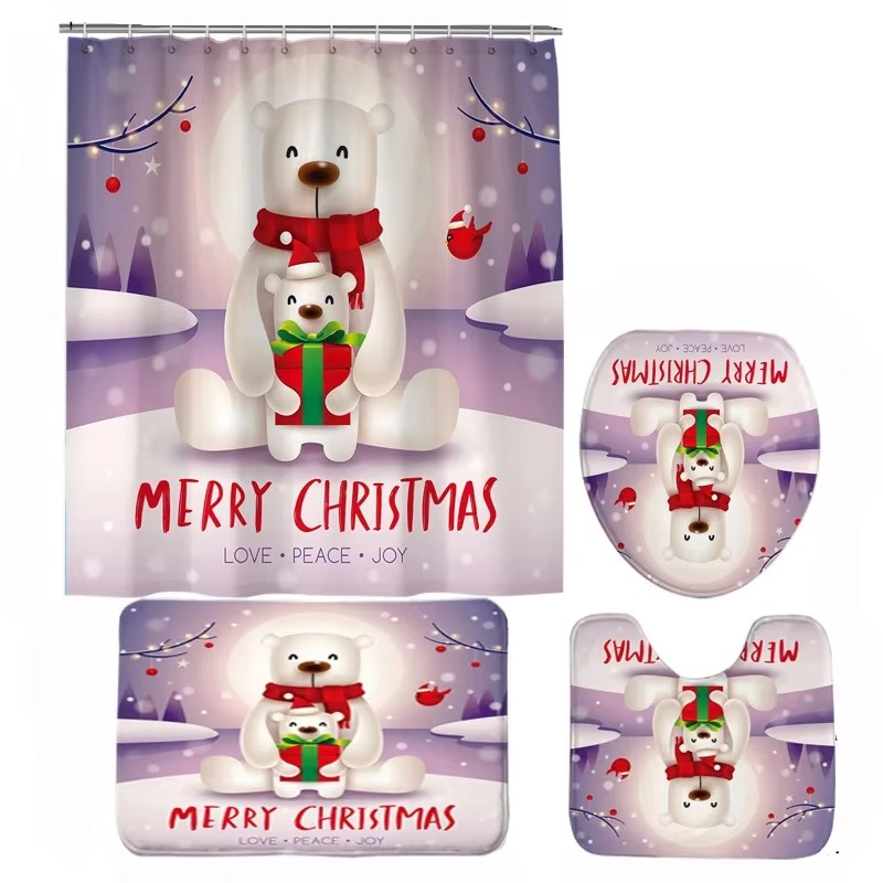 Conjunto navideño de baño con cortina de ducha, alfombrilla antideslizante, tapa de inodoro y alfombra – diseño invernal
