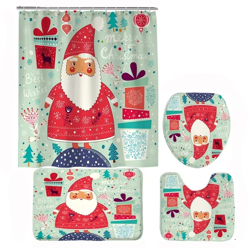 Conjunto navideño de baño con cortina de ducha, alfombrilla antideslizante, tapa de inodoro y alfombra – diseño invernal