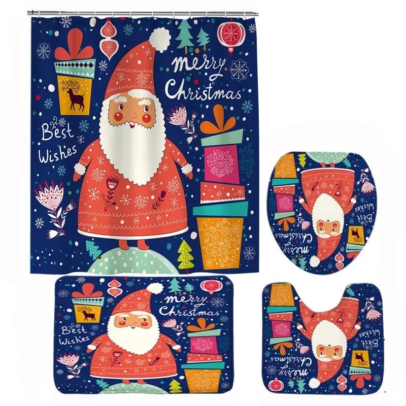 Conjunto navideño de baño con cortina de ducha, alfombrilla antideslizante, tapa de inodoro y alfombra – diseño invernal