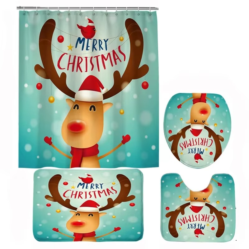 Conjunto navideño de baño con cortina de ducha, alfombrilla antideslizante, tapa de inodoro y alfombra – diseño invernal